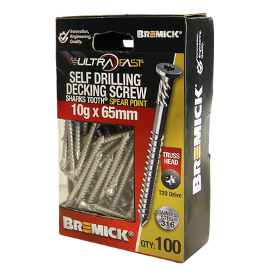Bremick Ultrafast 10g x 65mm Stainless Steel 316 T20 Truss Head - 100 pieces