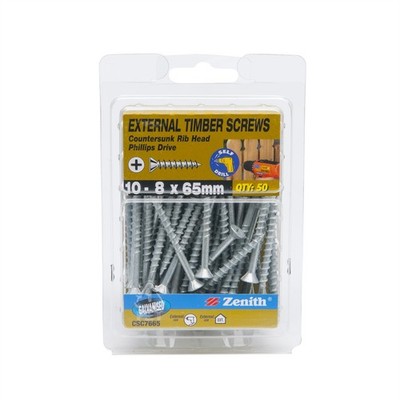 Zenith 10 - 8 x 65mm Galvanised Countersunk Rib Head Timber Screws - 50 pieces