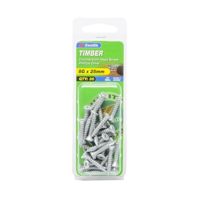 Zenith 8G x 25mm Galvanised Countersunk Head Timber Screws - 30 pieces