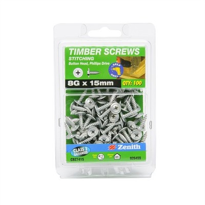 Zenith 8G x 15mm Galvanised Button Head Stitching Timber Screws - 100 pieces