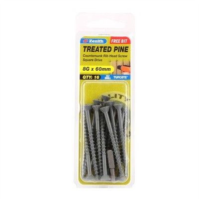 Zenith 8G x 60mm Tufcote® Countersunk Rib Head Treated Pine Screws 2 pcs