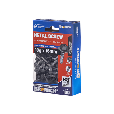 Bremick 10g x 16mm B8 WG Metal Hex Screw - 100 Box