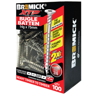 Bremick XTP 14g x 75mm T40 Stainless Steel 316 Bugle Batten - 100 pieces
