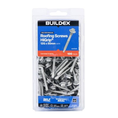 Buildex 12G x 50mm Class 4 Roofing TEKS Screws With Seal - 100 pieces