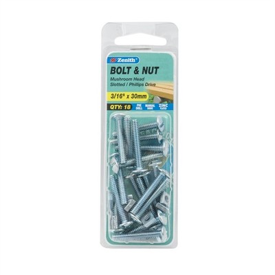 Zenith 3/16" x 30mm Zinc Plated Mushroom Head Bolt And Nut - 18 pieces