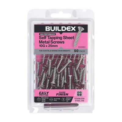 Buildex 10G x 25mm SS316 Self Tapping Sheet Metal Screws - 50 pieces