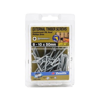 Zenith 8 - 10 x 50mm Galvanised Countersunk Rib Head Timber Screws - 50 pieces