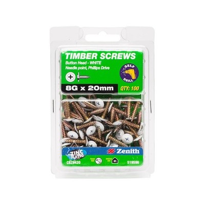 Zenith 8G x 20mm White Button Head Screw - 100 pieces