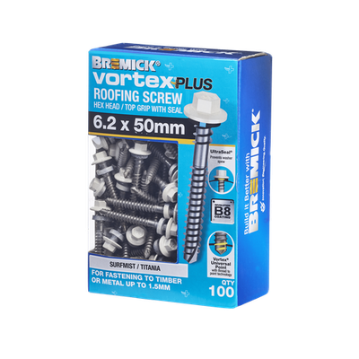 Bremick Vortex Plus Roofing Screw 6.2 x 50mm HEX B8 SM BOX 100