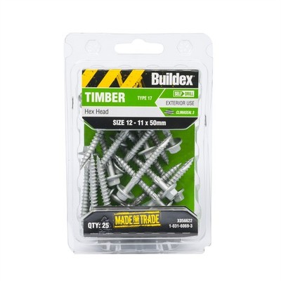 Buildex 12-11 x 50mm Climaseal Hex Head Timber Screws - 25 pieces