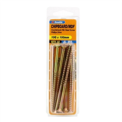Zenith 10G x 100mm Gold Passivated Countersunk Rib Head Chipboard Screws 2 pcs