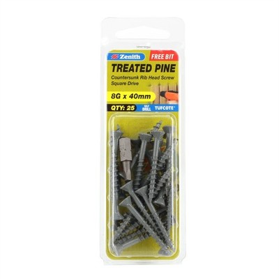 Zenith 8G x 40mm Tufcote® Countersunk Rib Head Treated Pine Screws 2 pcs