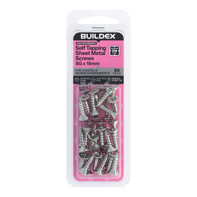 Buildex 8G x 18mm SS316 Self Tapping Sheet Metal Screws - 50 pieces