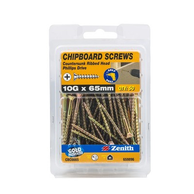 Zenith 10G x 65mm Gold Passivated Countersunk Rib Head Chipboard Screws - 50 Pac
