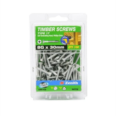 Zenith 8G x 30mm Galvanised Type 17 Self Embedding Head Timber - 100 pieces