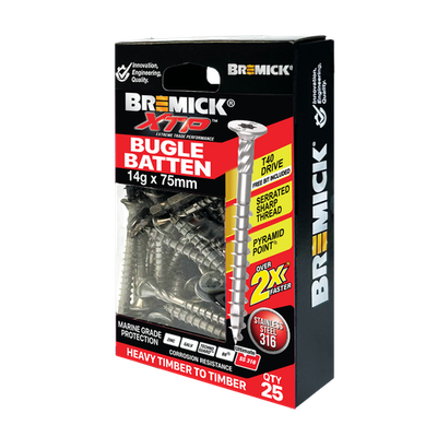 Bremick XTP 14g x 75mm T40 Stainless Steel 316 Bugle Batten - 25 pieces