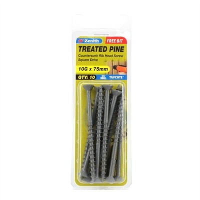 Zenith 10G x 75mm Tufcote® Countersunk Rib Head Treated Pine Screws - 10 pieces