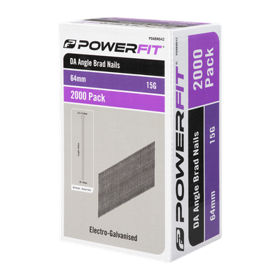 PowerFit 64mm Electro-Galvanised DA Angled Brad Nails - 2,000 Pack