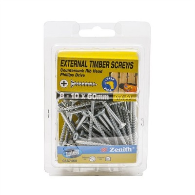 Zenith 8 - 10 x 60mm Galvanised Countersunk Rib Head Timber Screws - 50 pieces