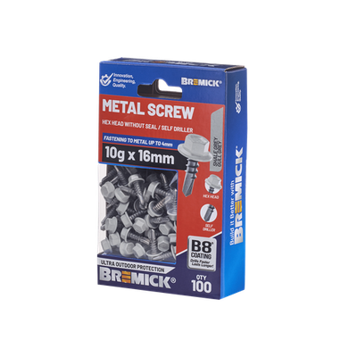 Bremick Metal Hex Screw 10g x 16mm B8 SH BX100