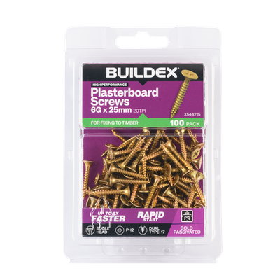 Buildex 6G x 25mm Gold Passivated Plasterboard Screws (Dual Type-17 Tip) - 100 P