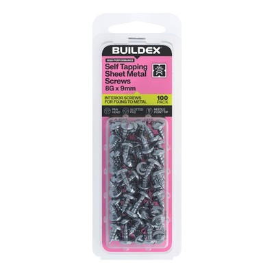 Buildex 8G x 9mm Zinc Plated Self Tapping Sheet Metal Screws - 100 pieces