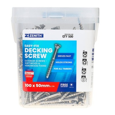 Zenith Easy-Fix Decking Screw T20 10G x 50mm SS304 - 500 pieces
