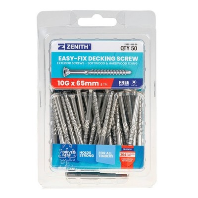Zenith Easy-Fix Decking Screw T20 10G x 65mm SS304 - 50 pieces