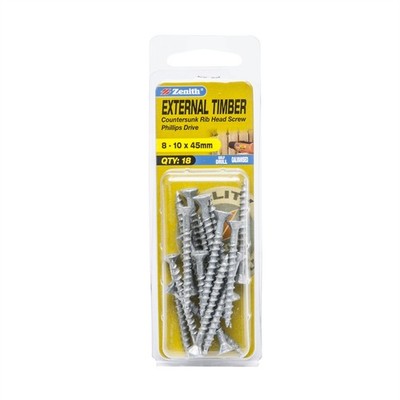 Zenith 8 - 10 x 45mm Galvanised Countersunk Rib Head External Timber 2 pcs
