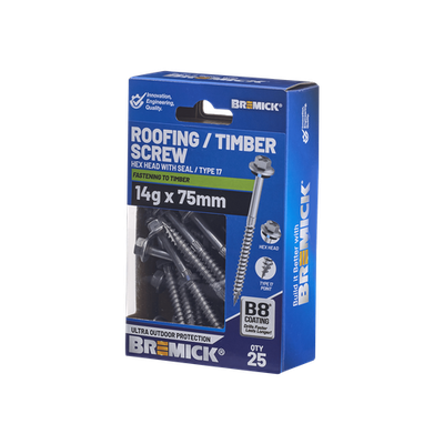 Bremick Hex Timber Screw 14g x 75mm B8 BOX 25