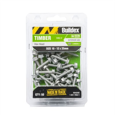Buildex 10-12 x 25mm Climaseal Hex Head Timber Screws - 50 pieces
