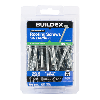 Buildex 12G x 65mm Class 3 Roofing Screws With Seal - 50 pieces