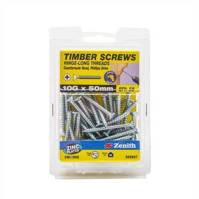 Zenith 10G x 50mm Zinc Plated Hinge-Long Thread Countersunk Head Timber Screws -