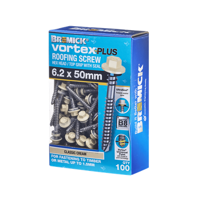 Bremick Vortex Plus Roofing Screw 6.2 x 50mm HEX B8 CC BOX 100