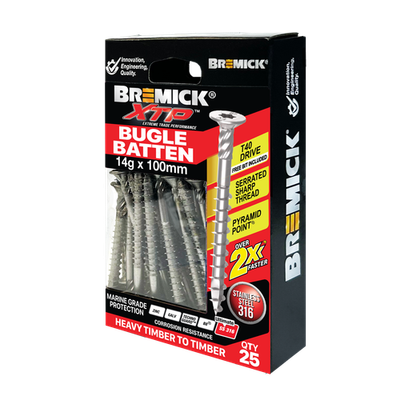 Bremick XTP 14g x 100mm T40 Stainless Steel 316 Bugle Batten - 25 pieces