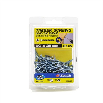 Zenith 6G x 25mm Zinc Plated Hinge-Long Thread Countersunk Head Timber 2 pieces