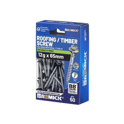 Bremick Hex Roofing Screw 12g x 65mm B8 PK50