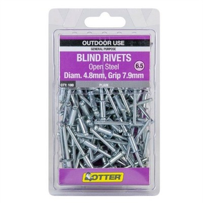 Otter 4.8 x 7.9mm Open Steel Blind Rivets - 100 pieces