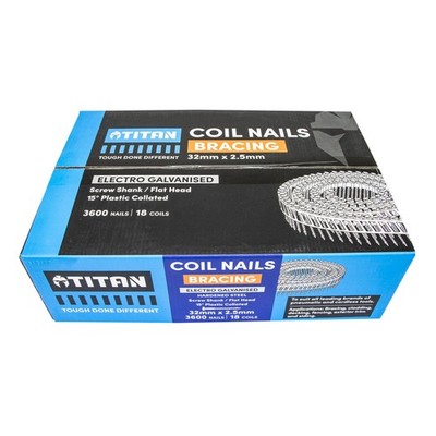 Titan 32 x 2.5mm Hardened Electro Galvanised Collated Coil Nail Screw - 3600 Pac
