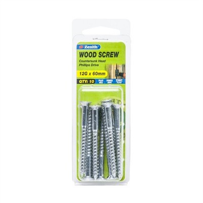 Zenith 12G x 60mm Zinc Plated Countersunk Head Wood Screws 2 pcs