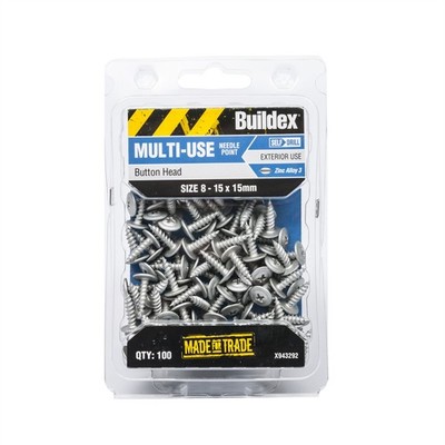 Buildex 8-15 x 15mm Zinc Alloy Button Head Needle Point Screws - 100 pieces