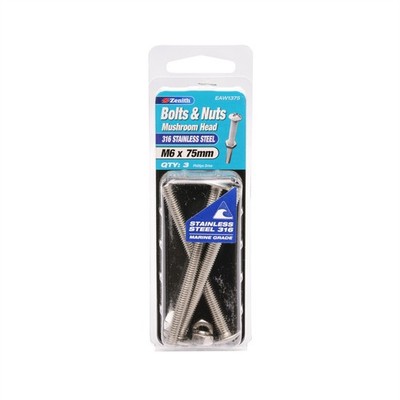 Zenith M6 x 75mm 316 Stainless Steel Mushroom Head Bolt And Nut - 3 pieces