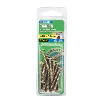 Zenith 10G x 35mm Gold Passivated Wafer Head Timber Screws - 20 pieces