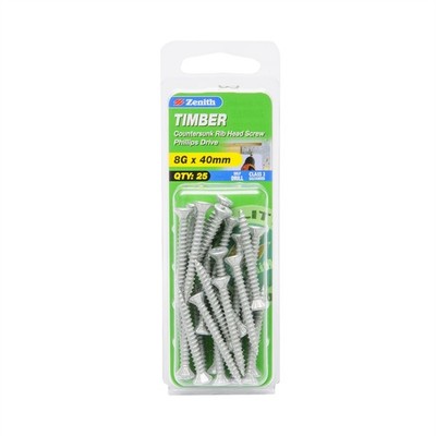 Zenith 8G x 40mm Galvanised Countersunk Rib Head Timber Screws - 25 pieces