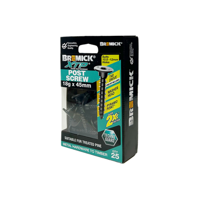 Bremick XTP Post Screw 18g x 45mm TECHNOGUARD BLACK - 25 pieces