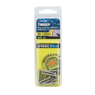 Zenith 6G x 25mm Stainless Steel Long Thread Countersunk Head Timber 2 pcs