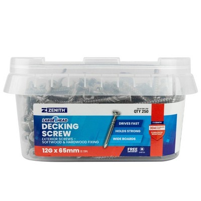 Zenith Large Head Decking Screw T25 12G x 65mm SS304 - 250 pieces