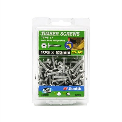 Zenith 10G x 25mm Galvanised Type 17 Wafer Head Timber Screws - 100 pieces