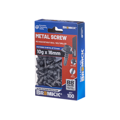 Bremick 10g x 16mm B8 BZ Metal Hex Screw - 100 Box