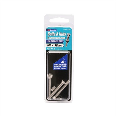 Zenith M5 x 38mm 316 Stainless Steel Countersunk Head Bolt And Nut 2 pcs